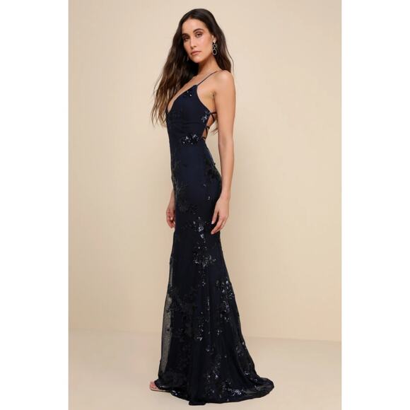 NWT Lulus Valhalla Navy Blue Sequin Lace-Up Maxi Dress Banquet Gala NYE Glam L - Picture 6 of 10